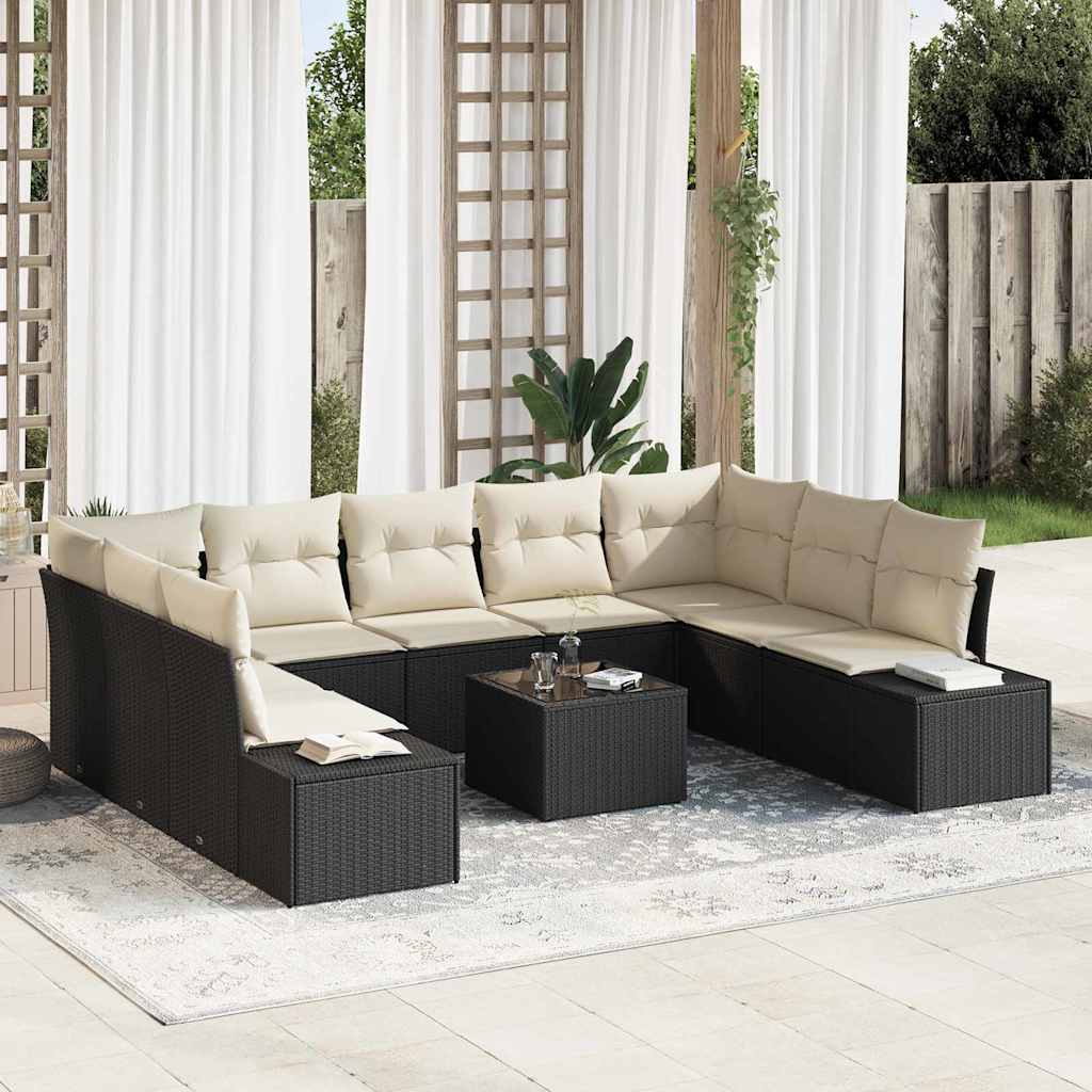 vidaXL Tuinbank Set met kussen 9 pcs Zwart en Crème Polyrattan