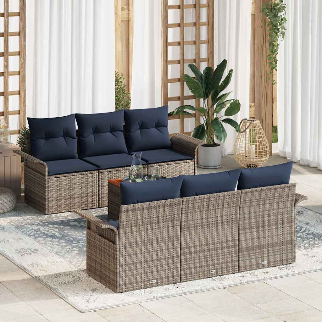 vidaXL Garden Lounge Set with Storage 7 pcs Grey and Navy Blue Poly Rattan