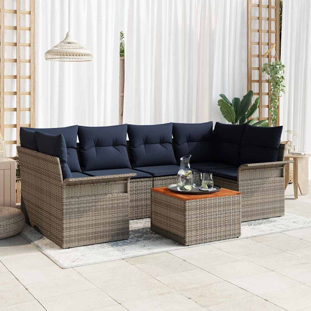 vidaXL Garden Sofa Set with Storage 7 pcs Grey and Navy Blue Poly Rattan