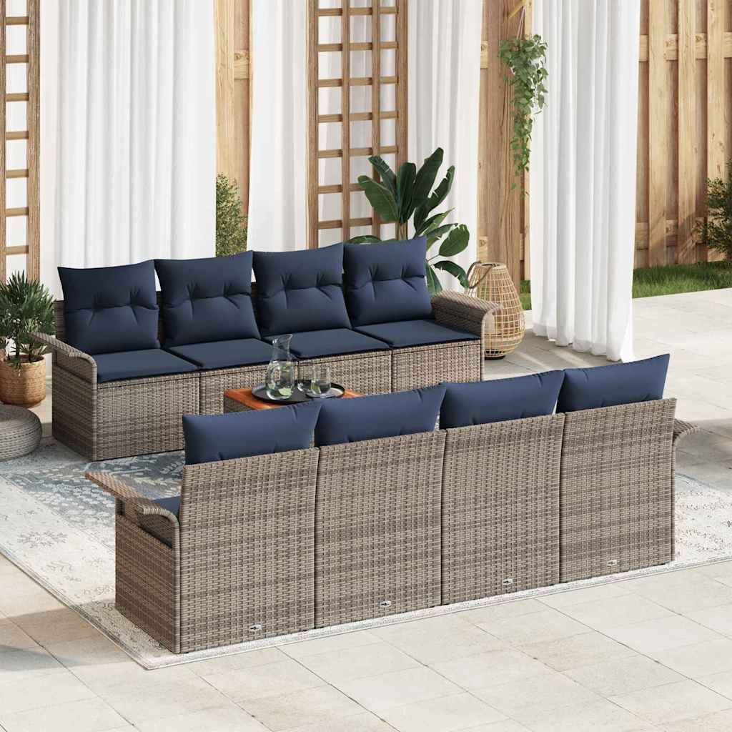 vidaXL Garden Lounge Set with Storage 9 pcs Grey and Navy Blue Poly Rattan