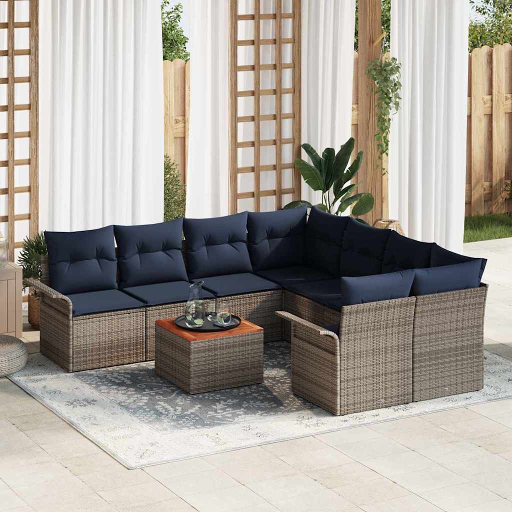 vidaXL Garden Lounge Set with Storage 9 pcs Grey and Navy Blue poly rattan