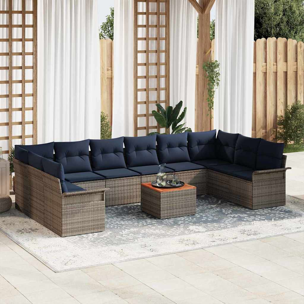 vidaXL Garden Sofa Set with Storage 11 pcs Grey and Navy Blue poly rattan