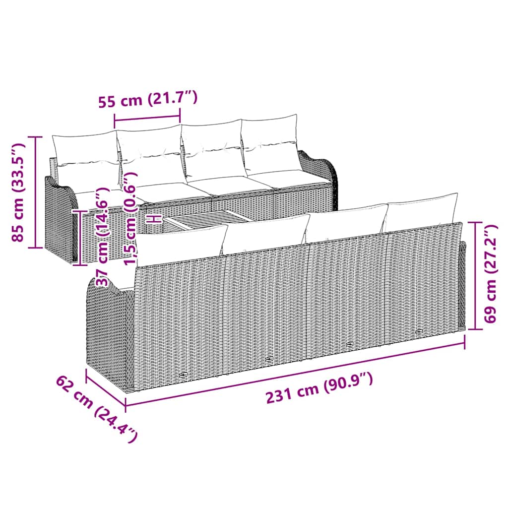 vidaXL Tuinbank Set met opslag 9 pcs Zwart en Crème poly rattan