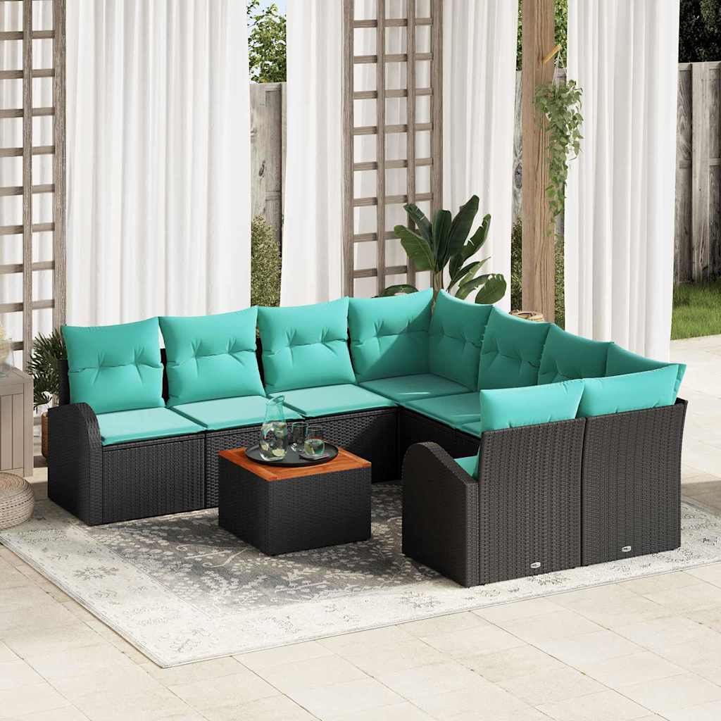 vidaXL Garden Lounge Set with Storage 9 pcs Black and Turquoise poly rattan