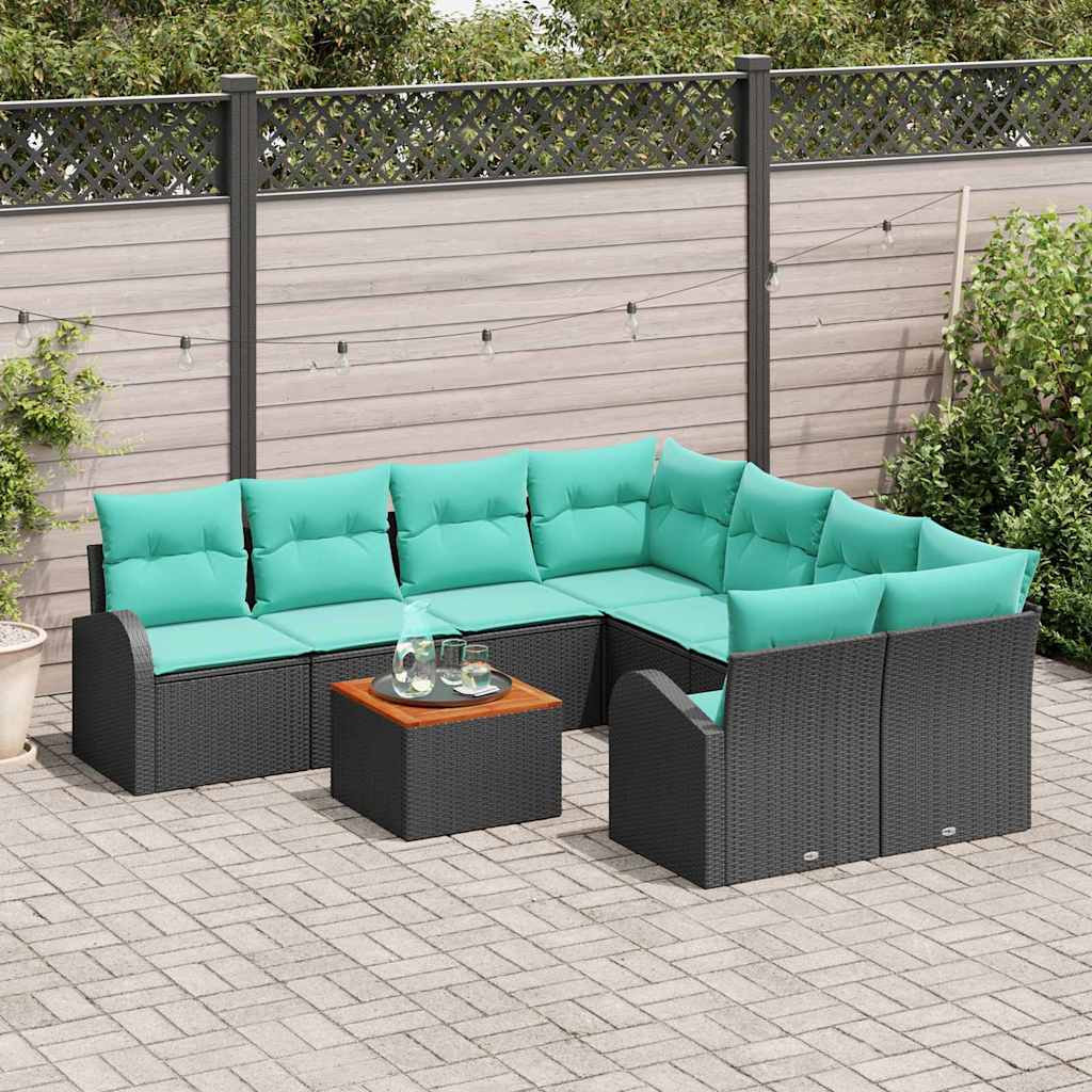 vidaXL Garden Lounge Set with Storage 9 pcs Black and Turquoise poly rattan