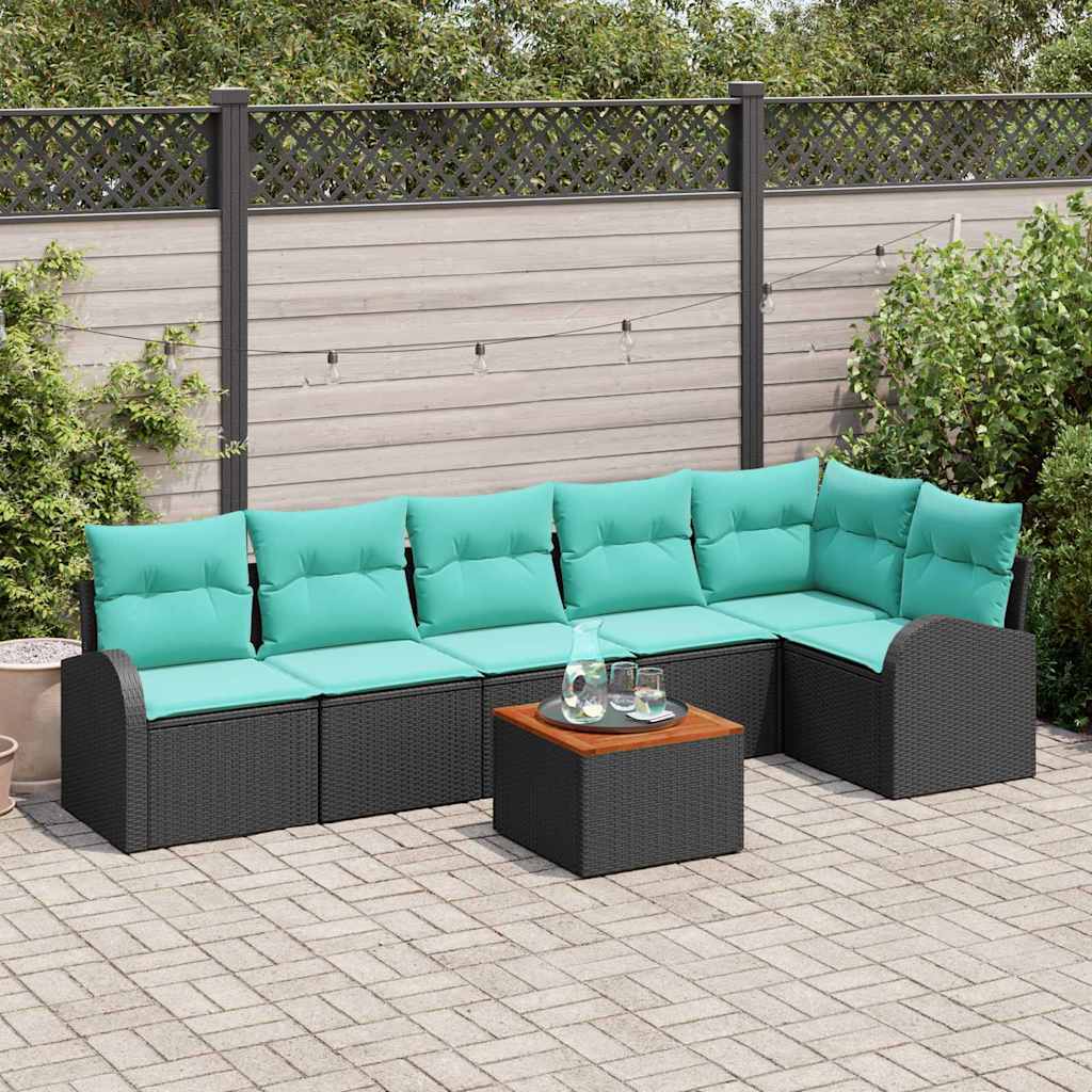 vidaXL Tuinbank Set met opslag 7 pcs Zwart en Turkoois poly rattan