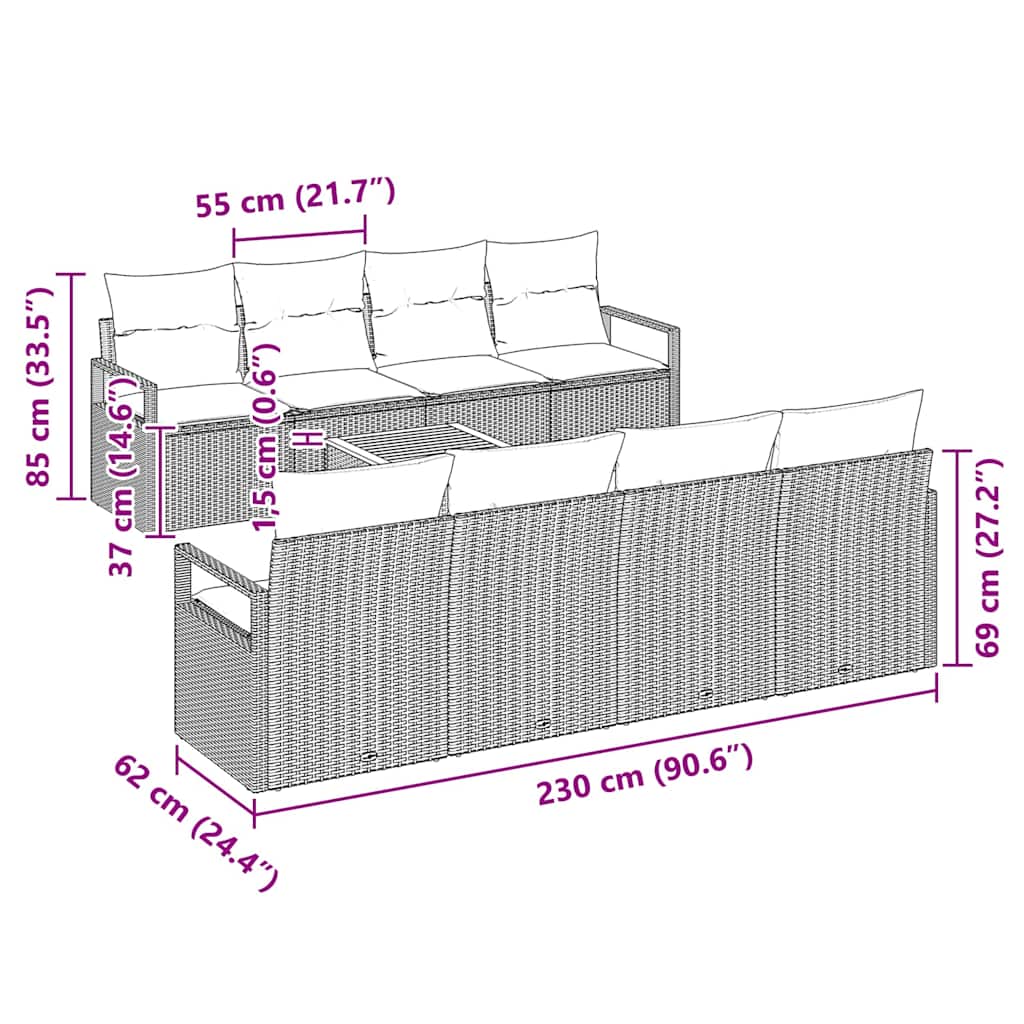 vidaXL Tuinbank Set met opslag 9 pcs Zwart en Crème poly rattan