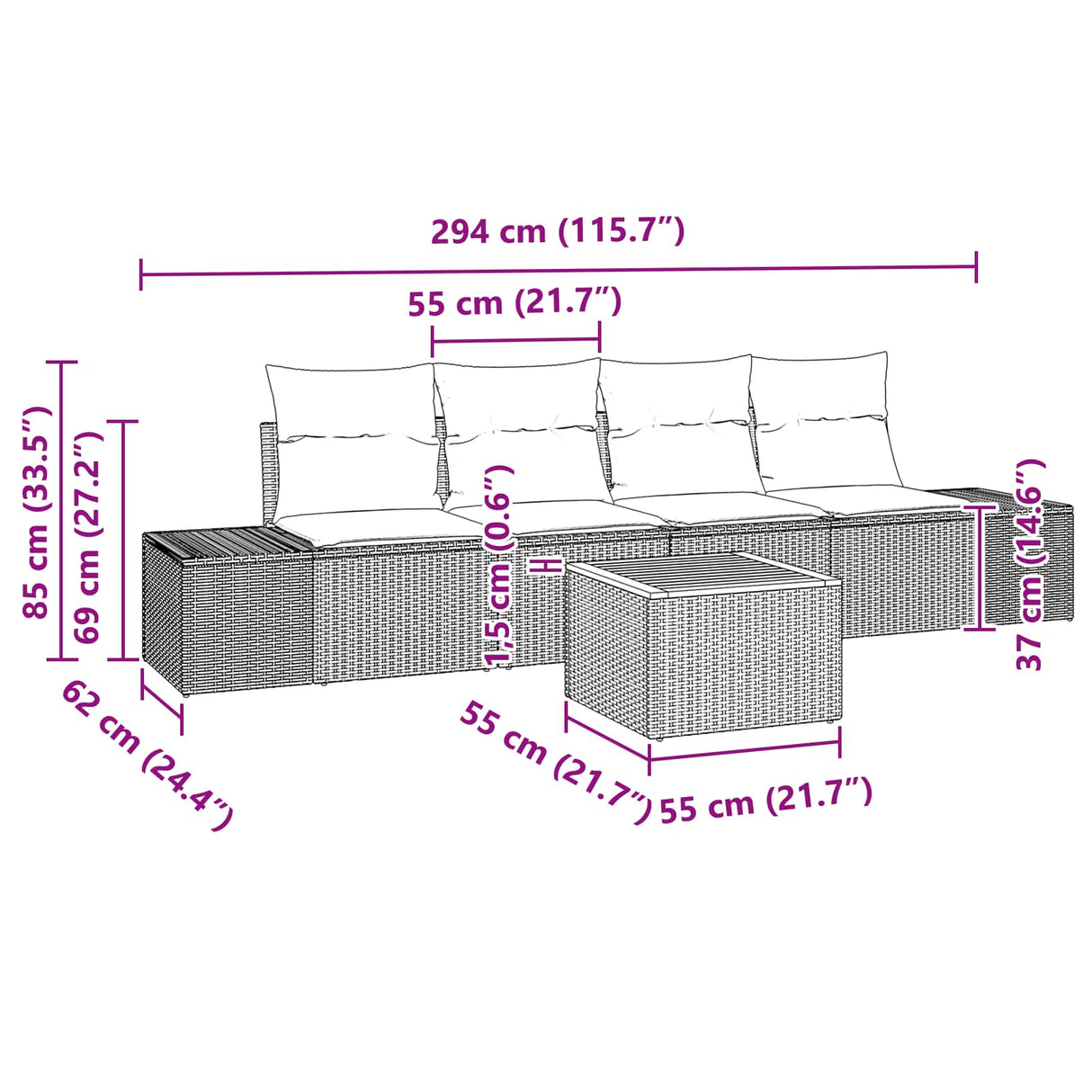 vidaXL Tuinbank Set 5 st Zwart en Turkoois poly rattan