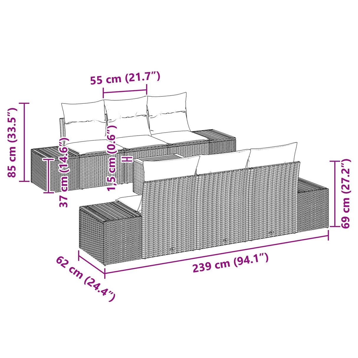 vidaXL Tuinbank Set 7 st Zwart en Turkoois poly rattan
