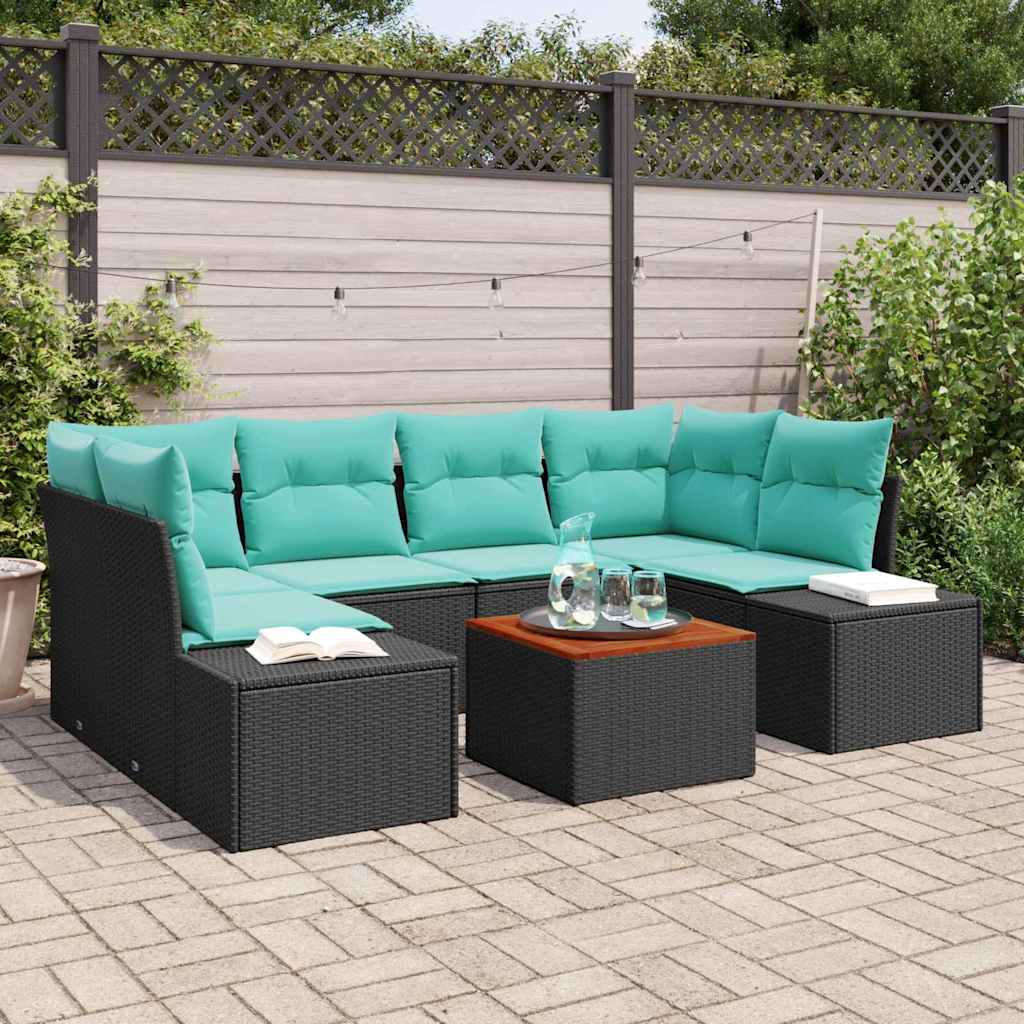 vidaXL Tuinbank Set 7 st Zwart en Turkoois poly rattan