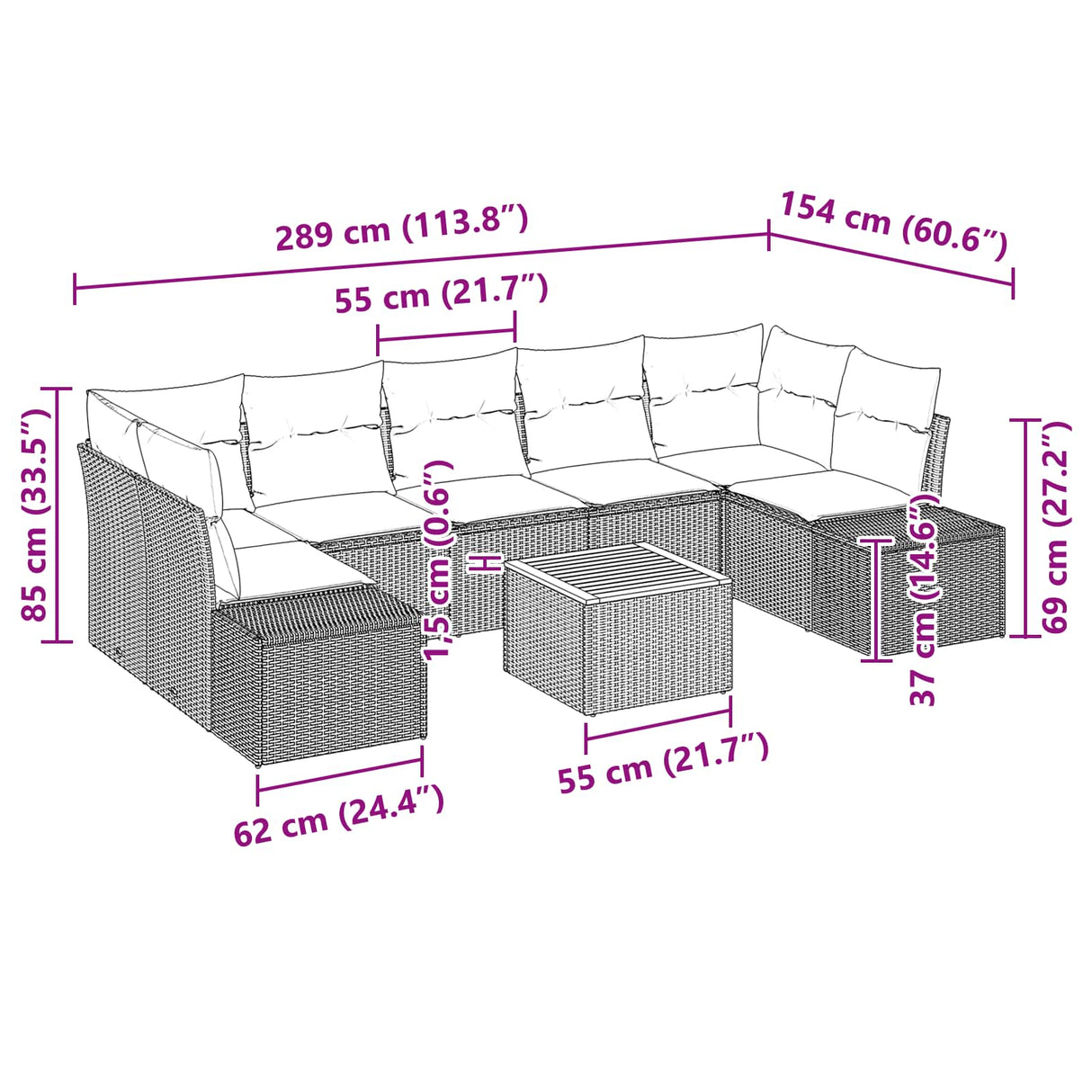 vidaXL Tuinbank Set 8 st Zwart en Turkoois poly rattan