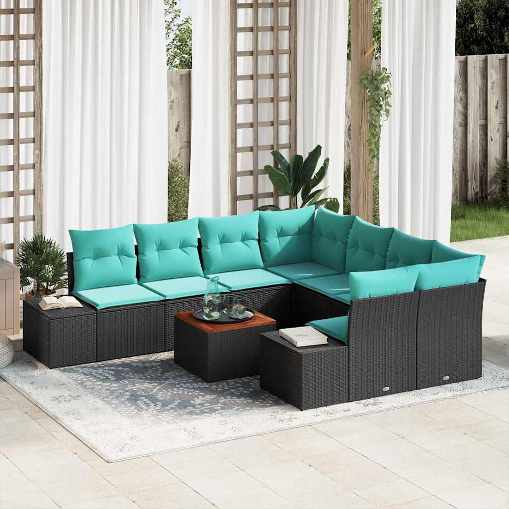 vidaXL Tuinbank Set 9 st Zwart en Turkoois poly rattan