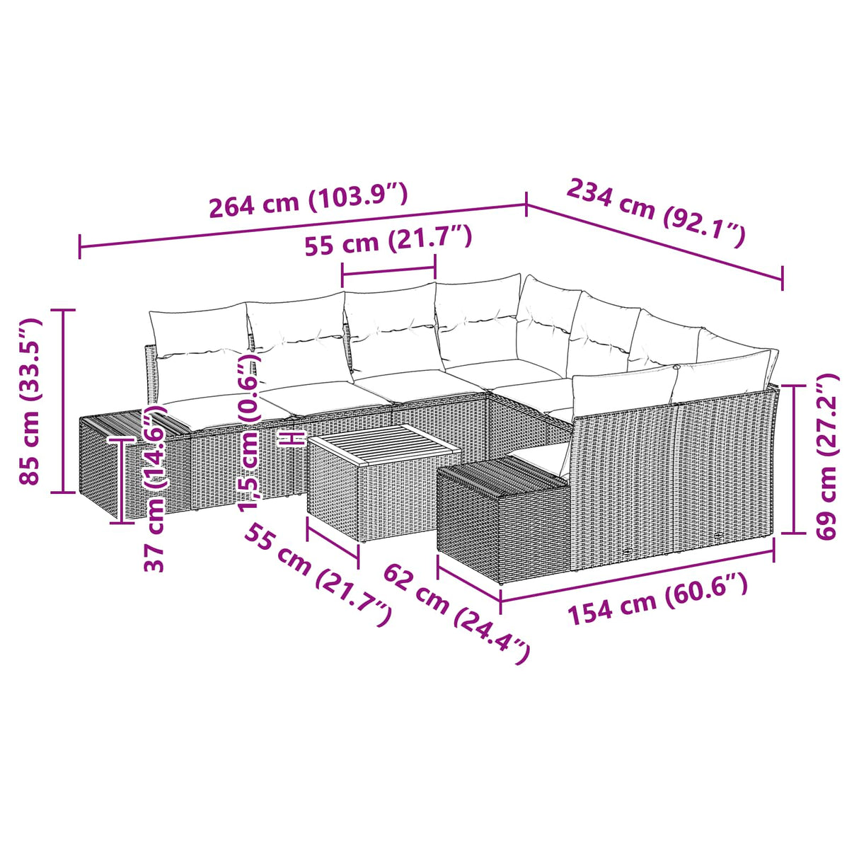vidaXL Tuinbank Set 9 st Zwart en Turkoois poly rattan