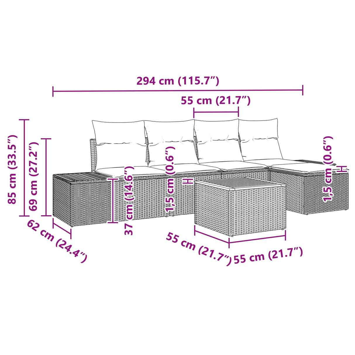 vidaXL Tuinbank Set 6 st Zwart en Turkoois poly rattan