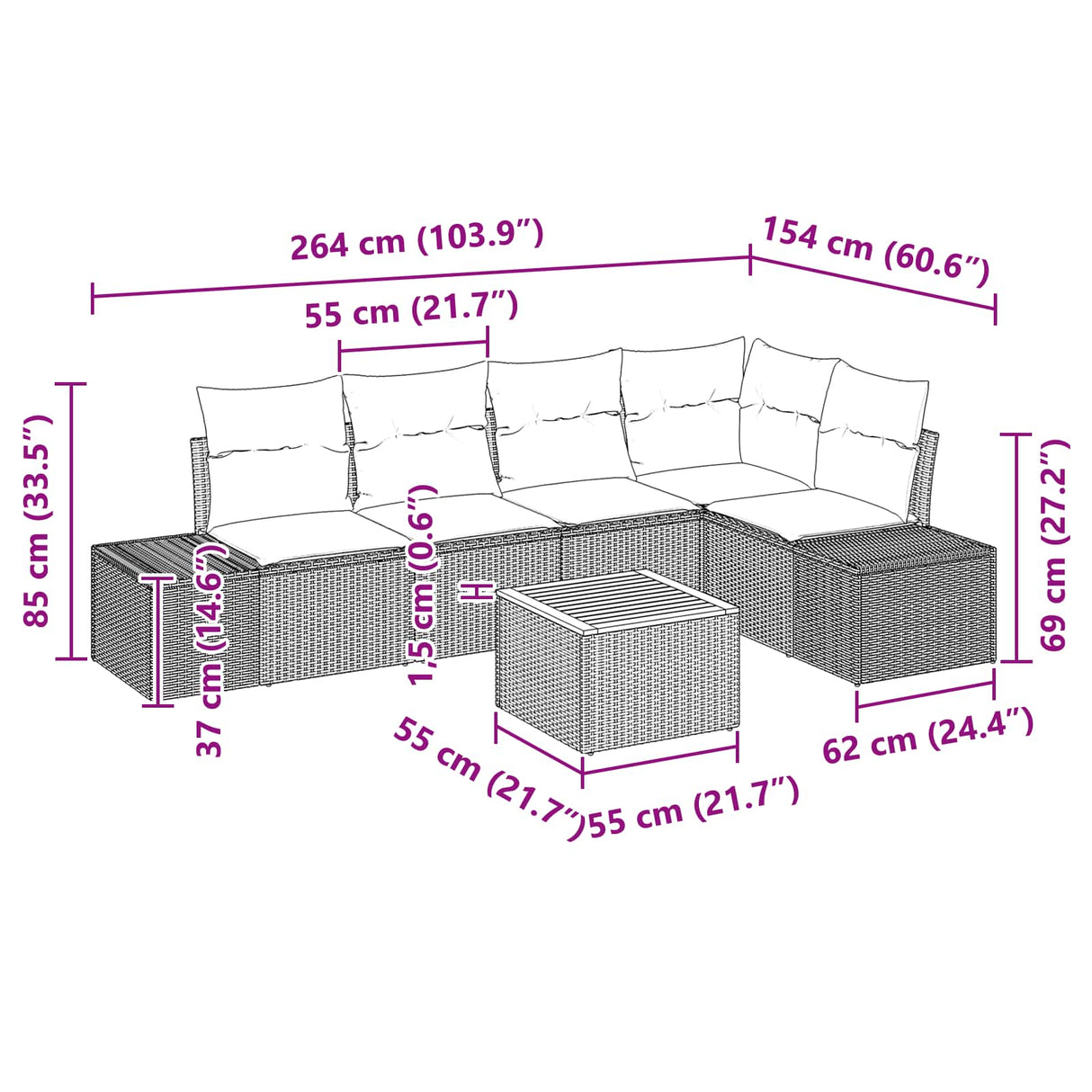 vidaXL Garden Sofa Set 6 Pcs Black and Turquoise Poly Rattan