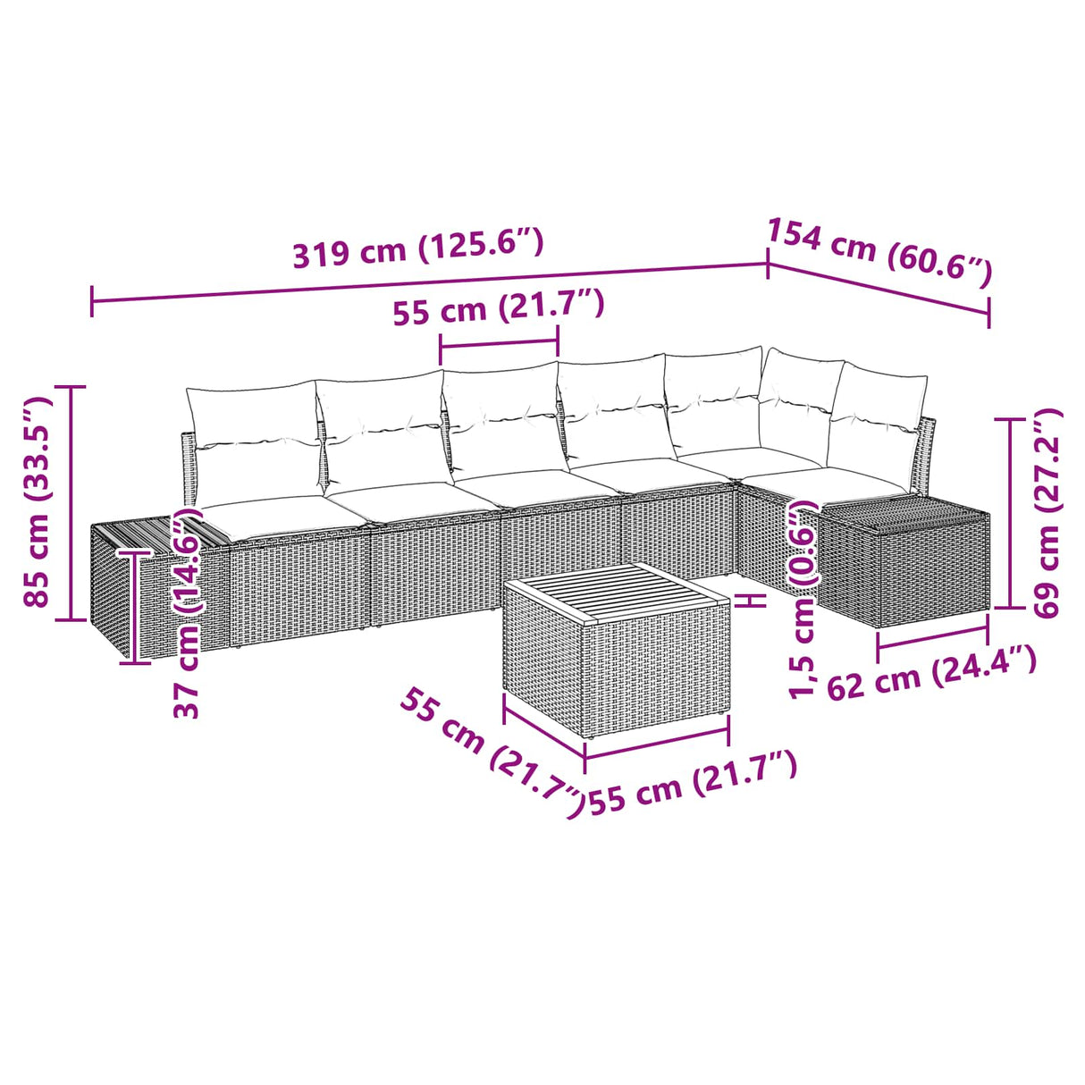 vidaXL Tuinbank Set 7 st Zwart en turkoois
