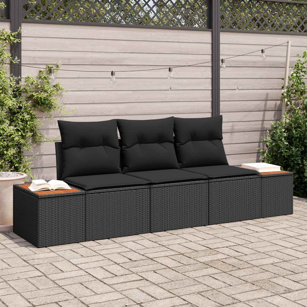 vidaXL Tuinbank Set met kussen 3 pcs Zwart en crème Poly rattan