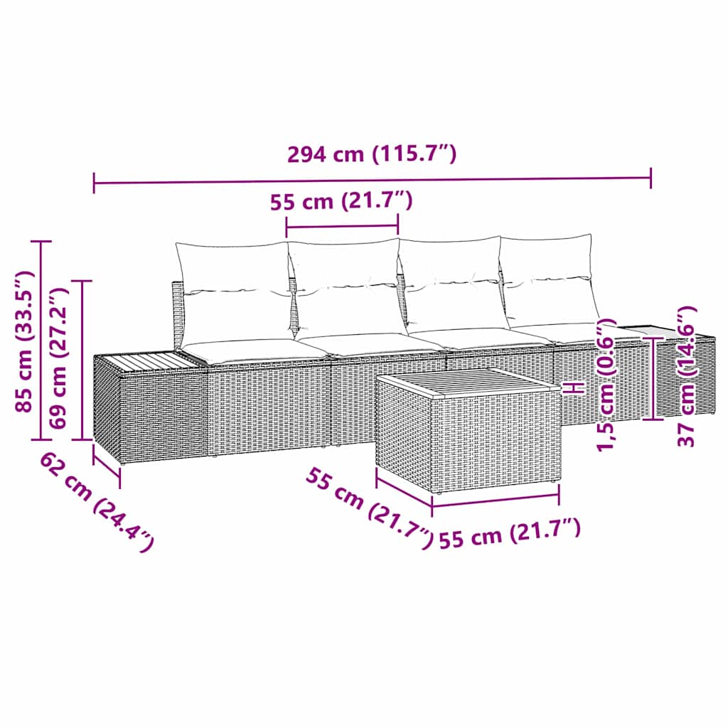 vidaXL Tuinbank Set met kussen met opslag 5 pcs Zwart Poly rattan