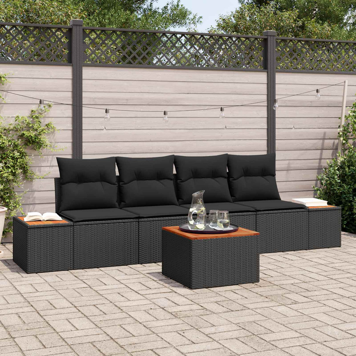 vidaXL Tuinbank Set met kussen met opslag 5 pcs Zwart Poly rattan