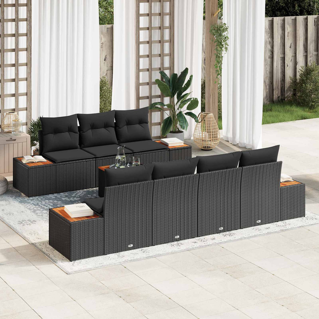 vidaXL Tuinbank Set met kussen met opslag 8 pcs Zwart Poly rattan