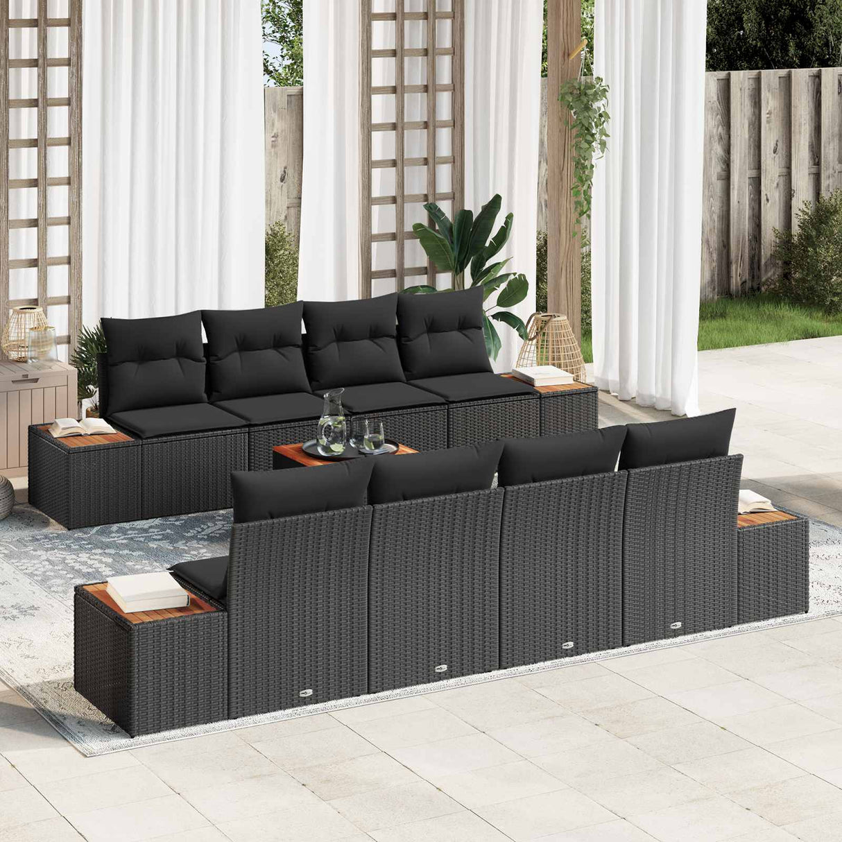 vidaXL Tuinbank Set met kussen met opslag 9 pcs Zwart Poly rattan
