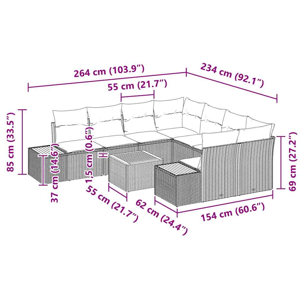 vidaXL Tuinbank Set met kussen met opslag 9 pcs Zwart Poly rattan