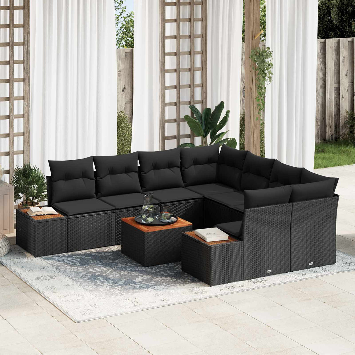 vidaXL Tuinbank Set met kussen met opslag 9 pcs Zwart Poly rattan