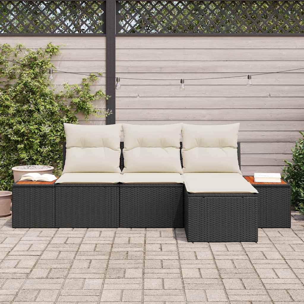 vidaXL Tuinbank Set met kussen 4 pcs Zwart en Crème Poly Riet