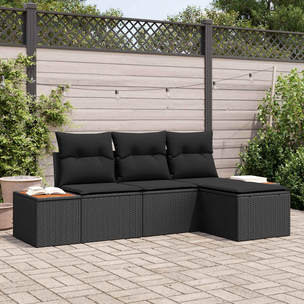 vidaXL Tuinbank Set met kussen 4 pcs Zwart en Crème Poly Riet