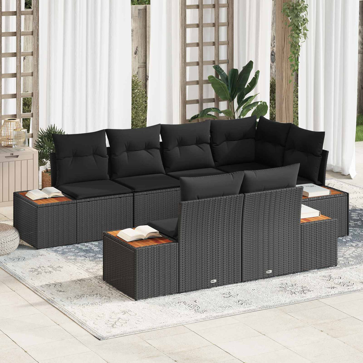 vidaXL Tuinbank Set met kussen 7 pcs Zwart en Crème Polyrattan