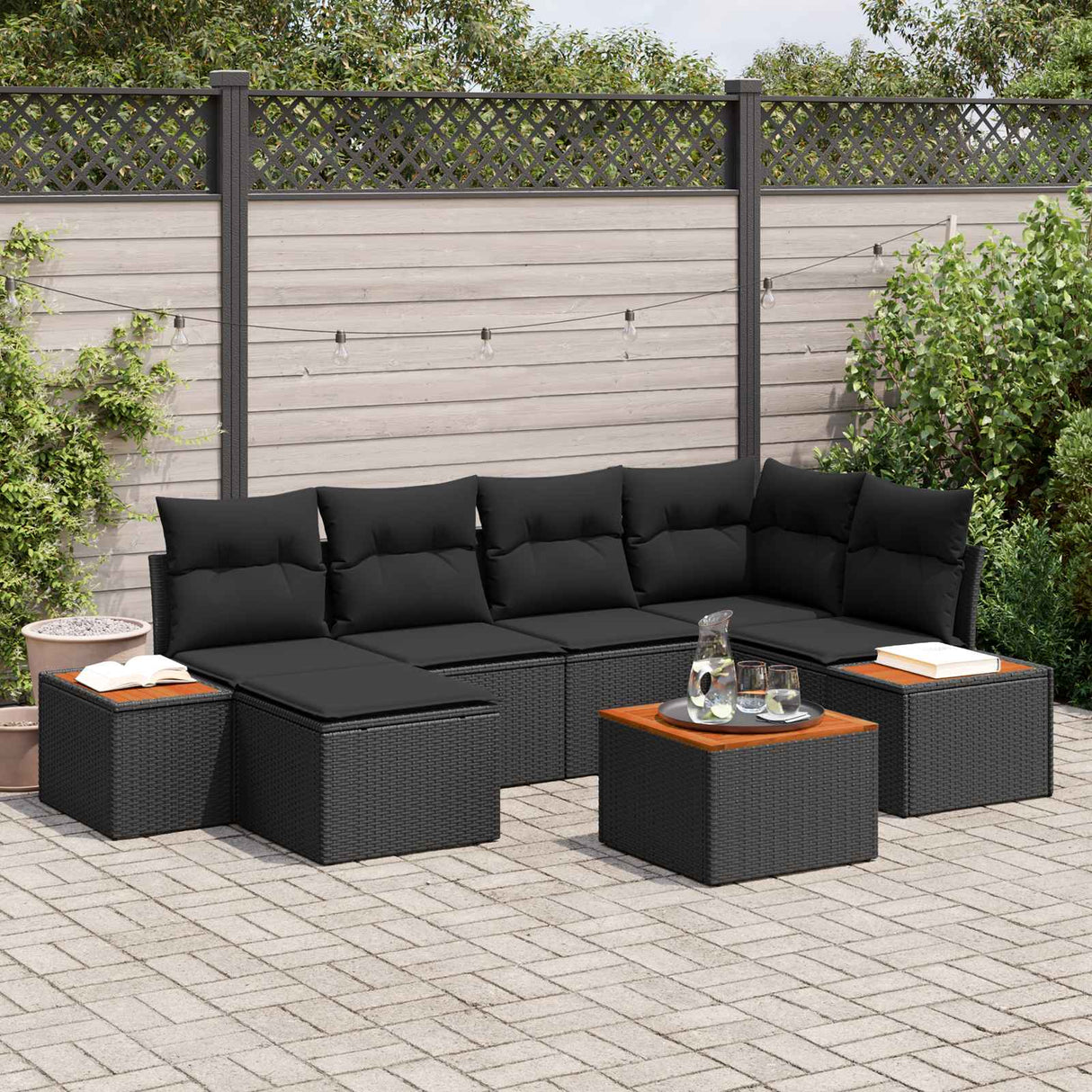 vidaXL Tuinbank Set met kussen 7 pcs Zwart en Crème Polyrattan