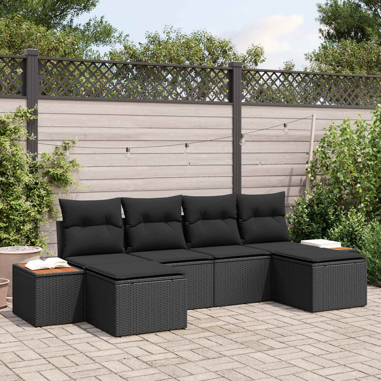vidaXL Tuinbank Set met kussen 6 pcs Zwart en Crème Poly Riet