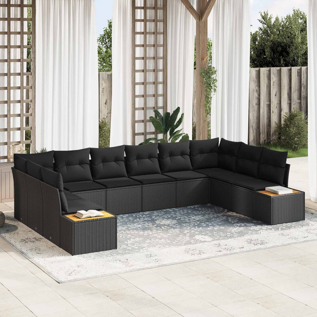 vidaXL Tuinbank Set met kussen 10 pcs Zwart en Crème Polyrattan
