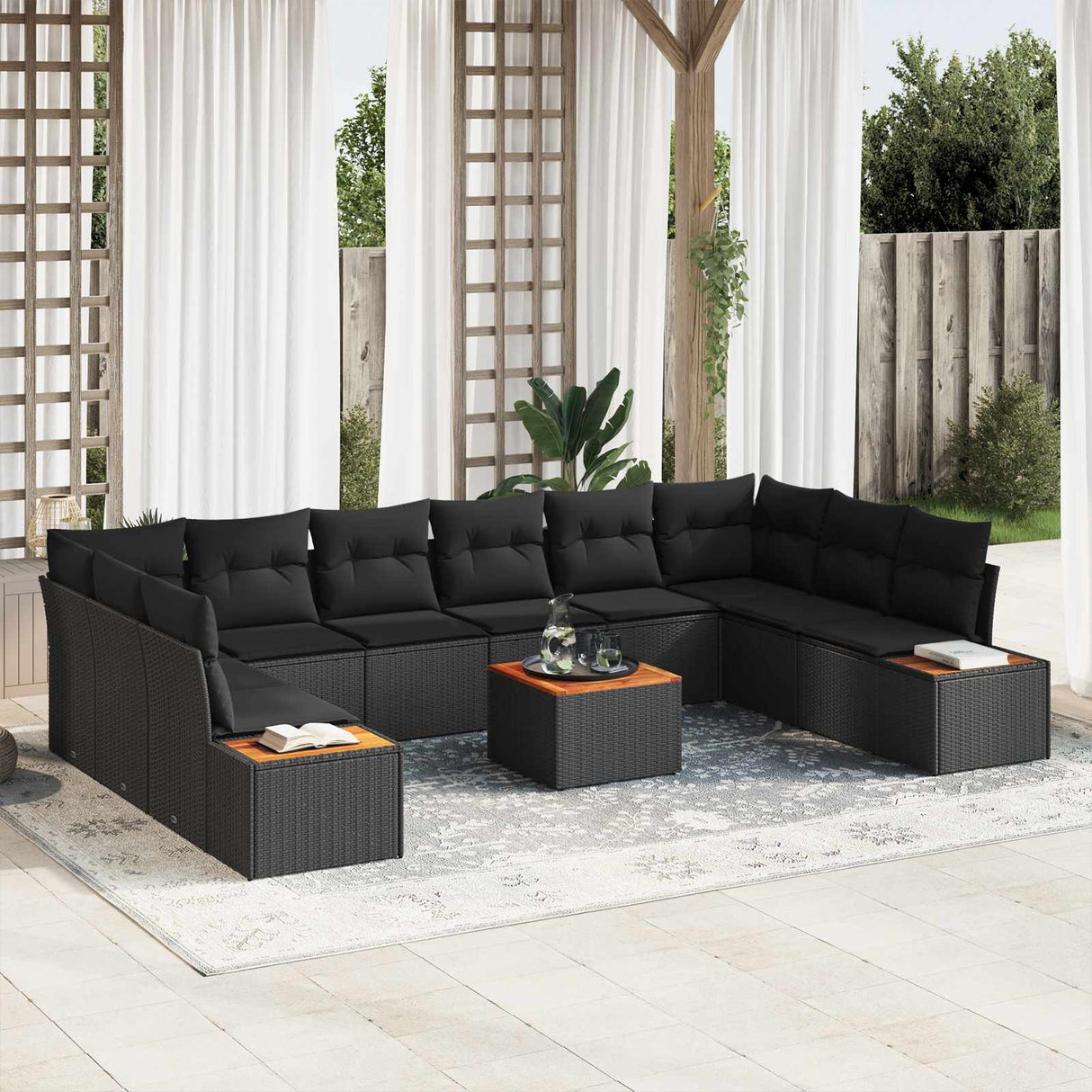 vidaXL Tuinbank Set met kussen 10 pcs Zwart en Crème Polyrattan