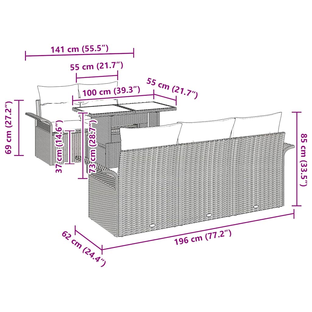 vidaXL Tuinbank Set met kussen met opslag 6 pcs Zwart Poly Riet