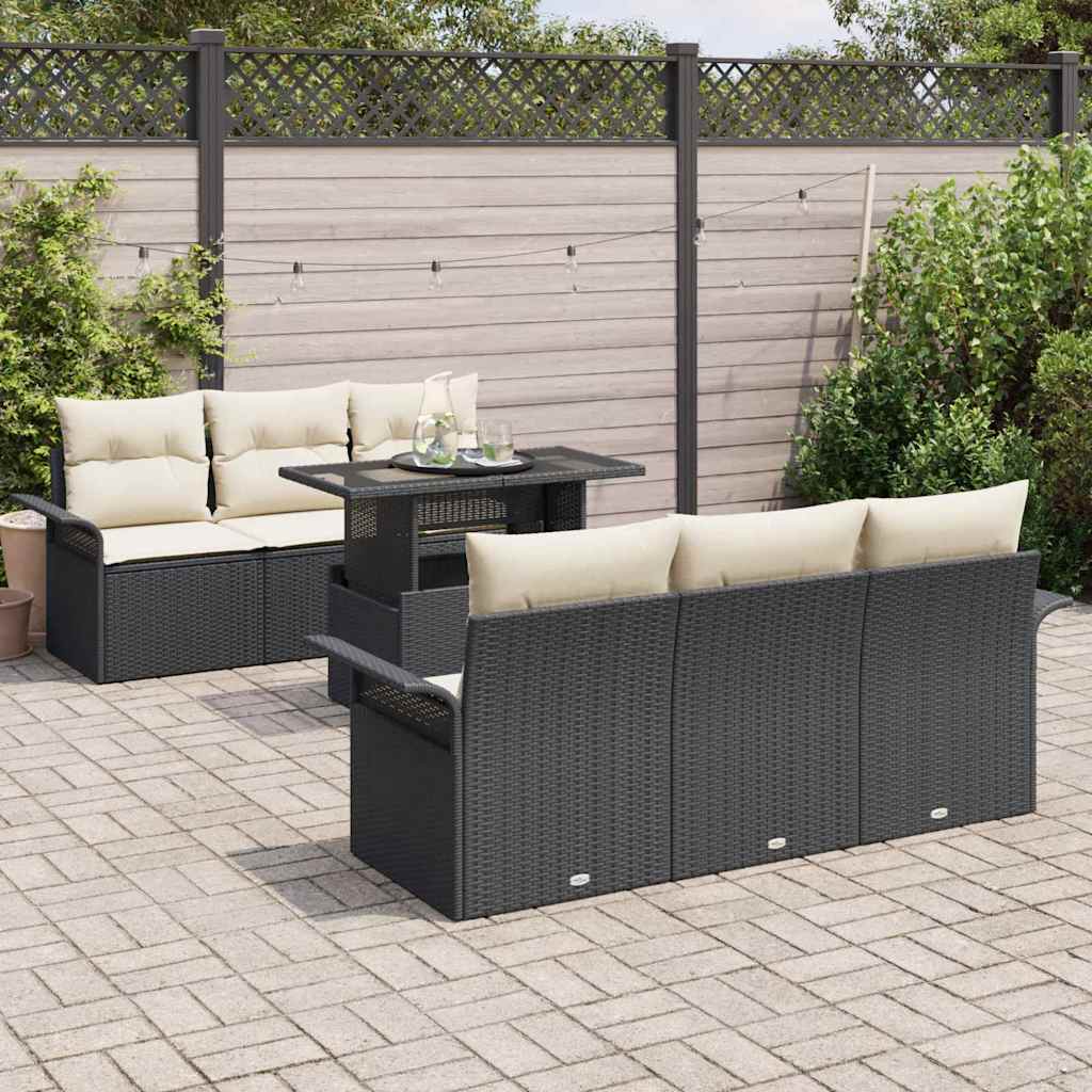 vidaXL Tuinbank Set met kussen met opslag 7 pcs Zwart Poly rattan