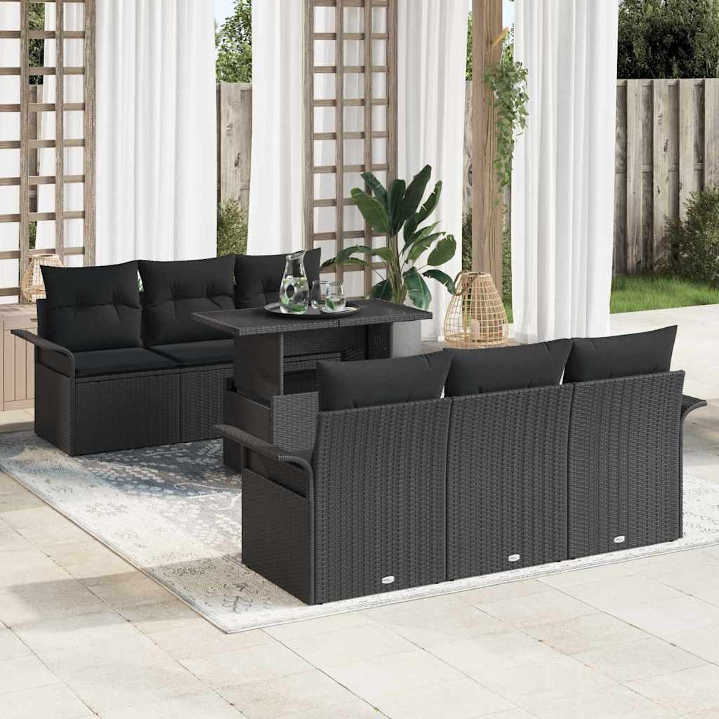 vidaXL Tuinbank Set met kussen met opslag 7 pcs Zwart Poly rattan