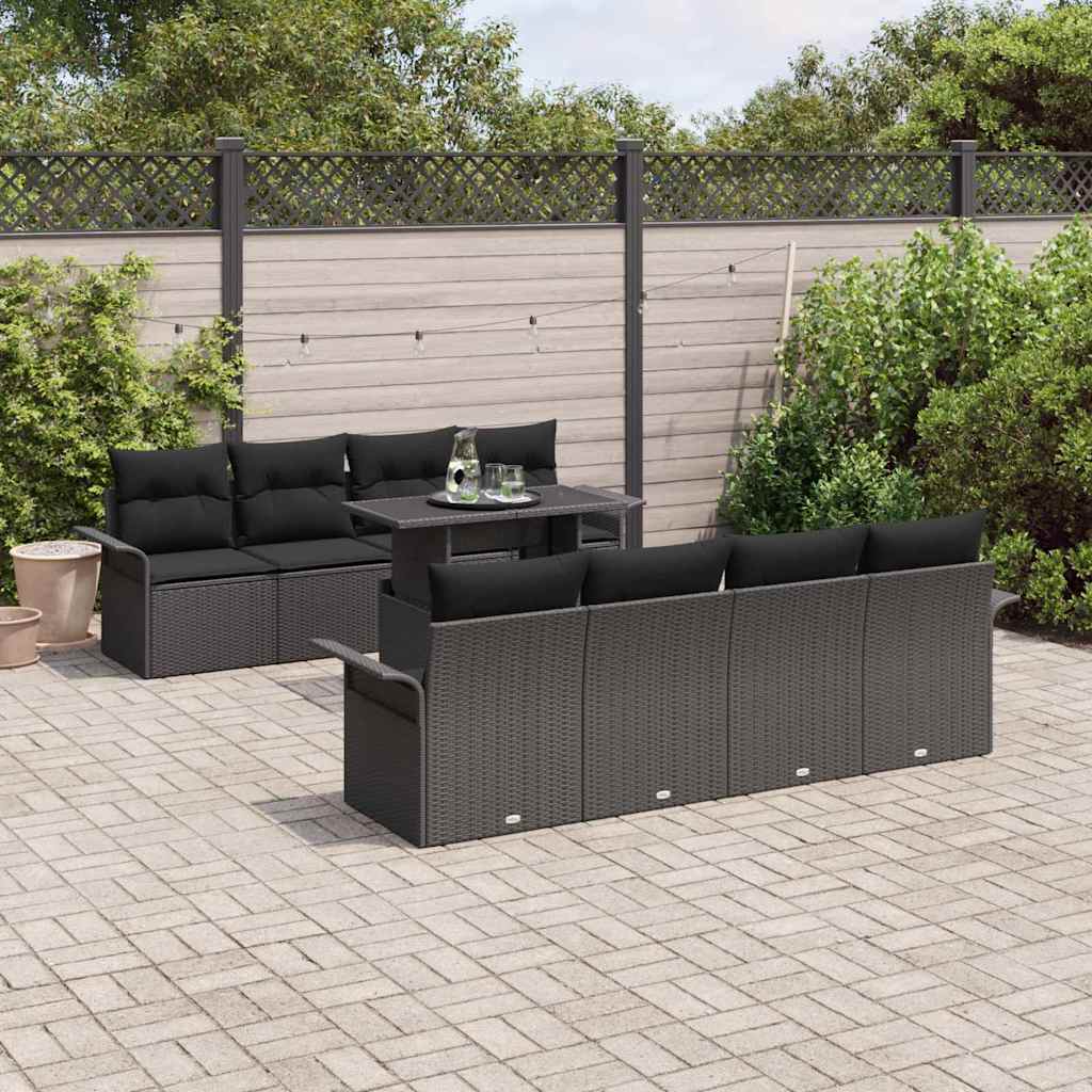 vidaXL Tuinbank Set met kussen met opslag 9 pcs Zwart Poly rattan