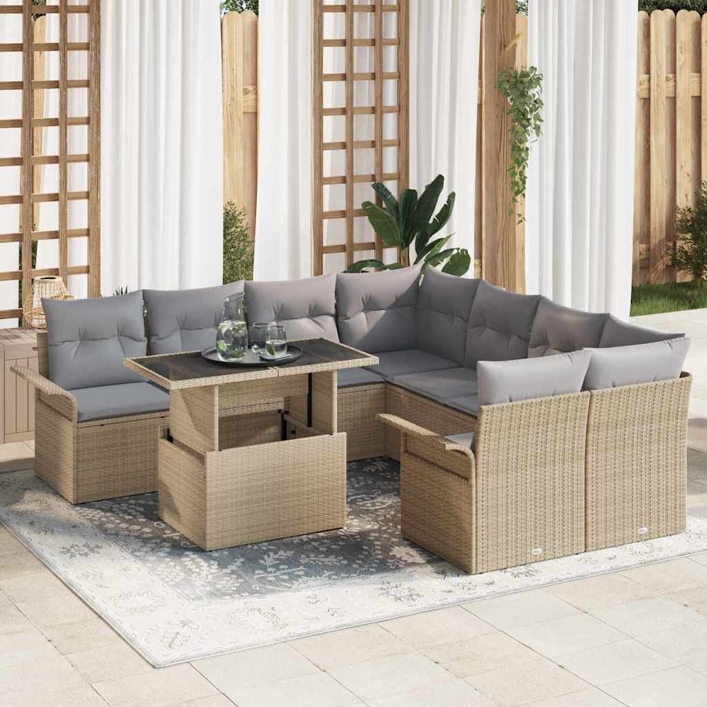 vidaXL Tuinbank Set met kussen met opslag 9 pcs Zwart Poly Riet