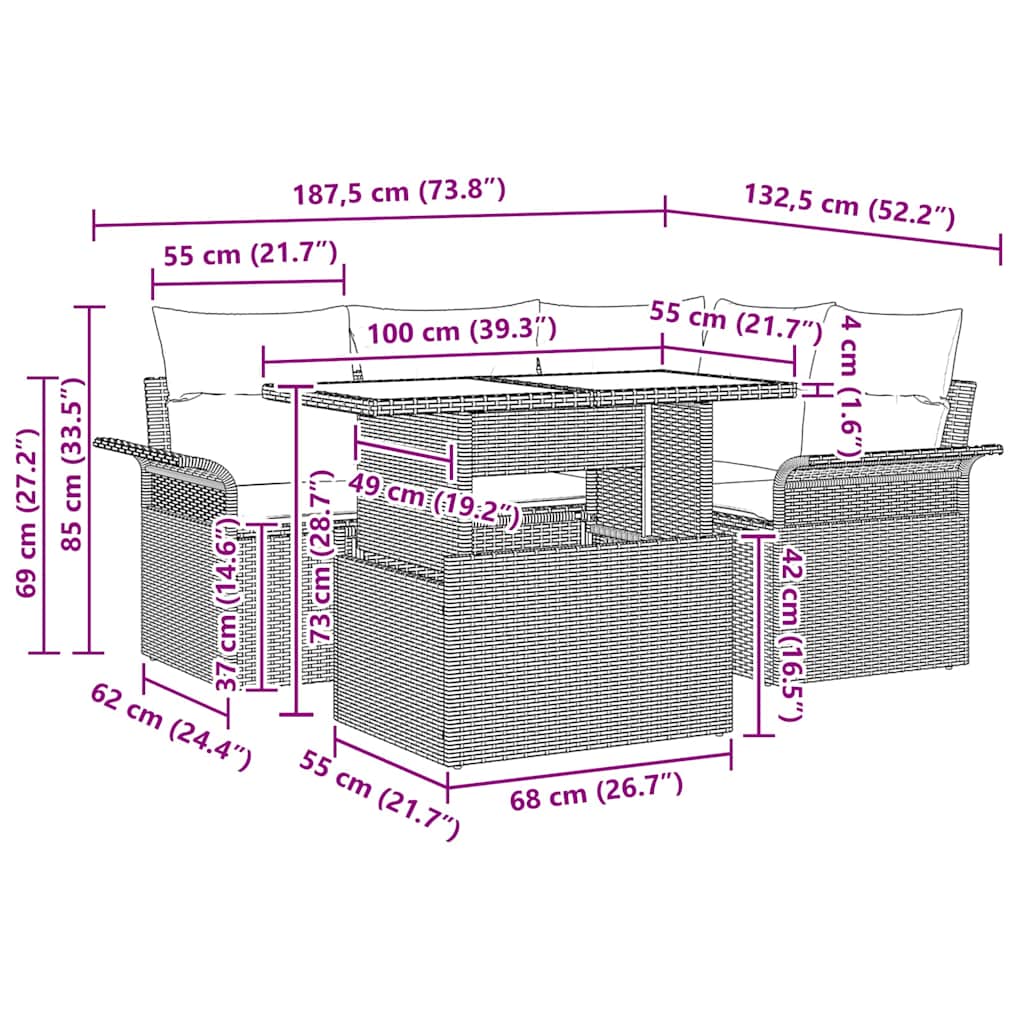 vidaXL Tuinbank Set met kussen met opslag 5 pcs Zwart Poly rattan