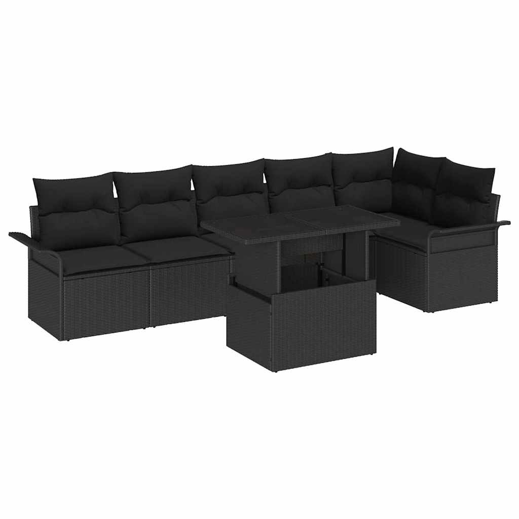 vidaXL Tuinbank Set met kussen met opslag 7 pcs Zwart Poly rattan