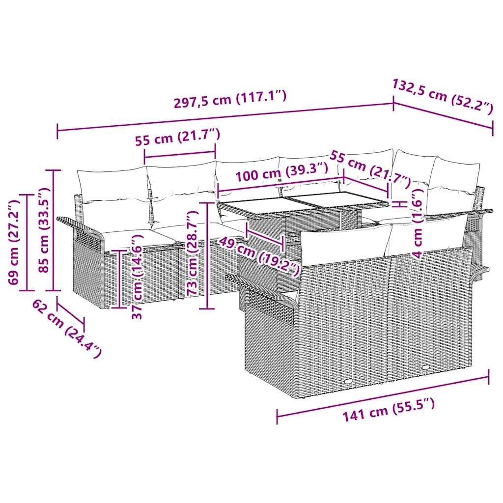 vidaXL Tuinbank Set met kussen met opslag 9 pcs Zwart Poly rattan