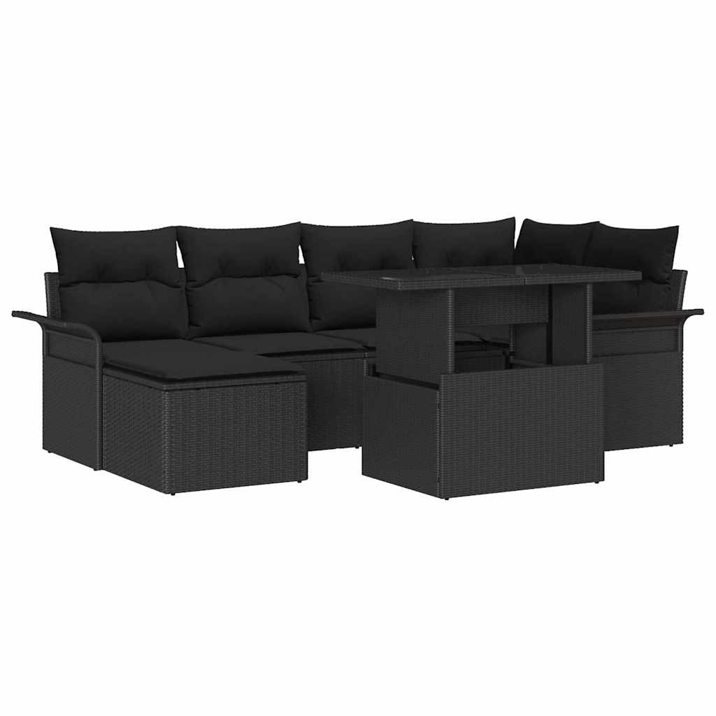 vidaXL Tuinbank Set met kussen met opslag 7 pcs Zwart Poly rattan