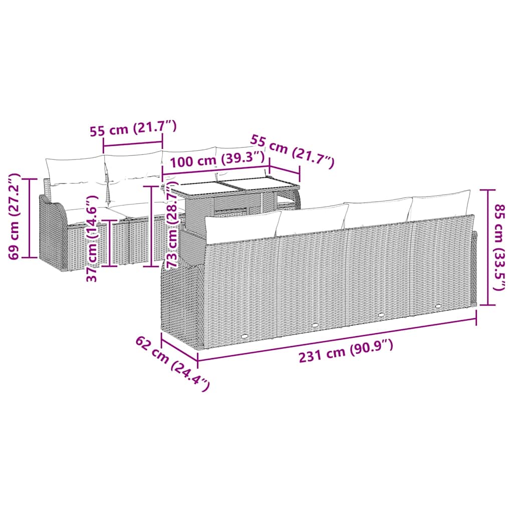 vidaXL Tuinbank Set met kussen met opslag 9 pcs Zwart Poly rattan