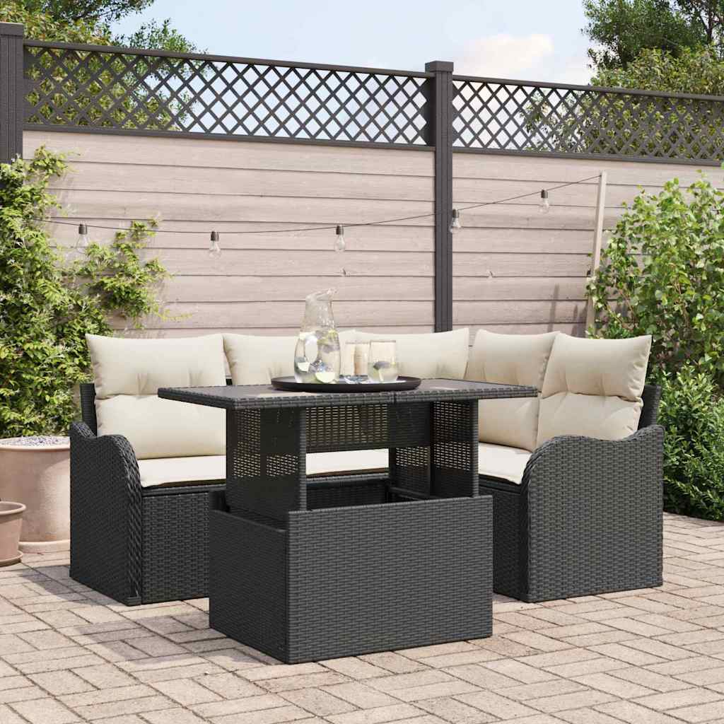 vidaXL Tuinbank Set met kussen met kussen 5 pcs Zwart Poly Riet