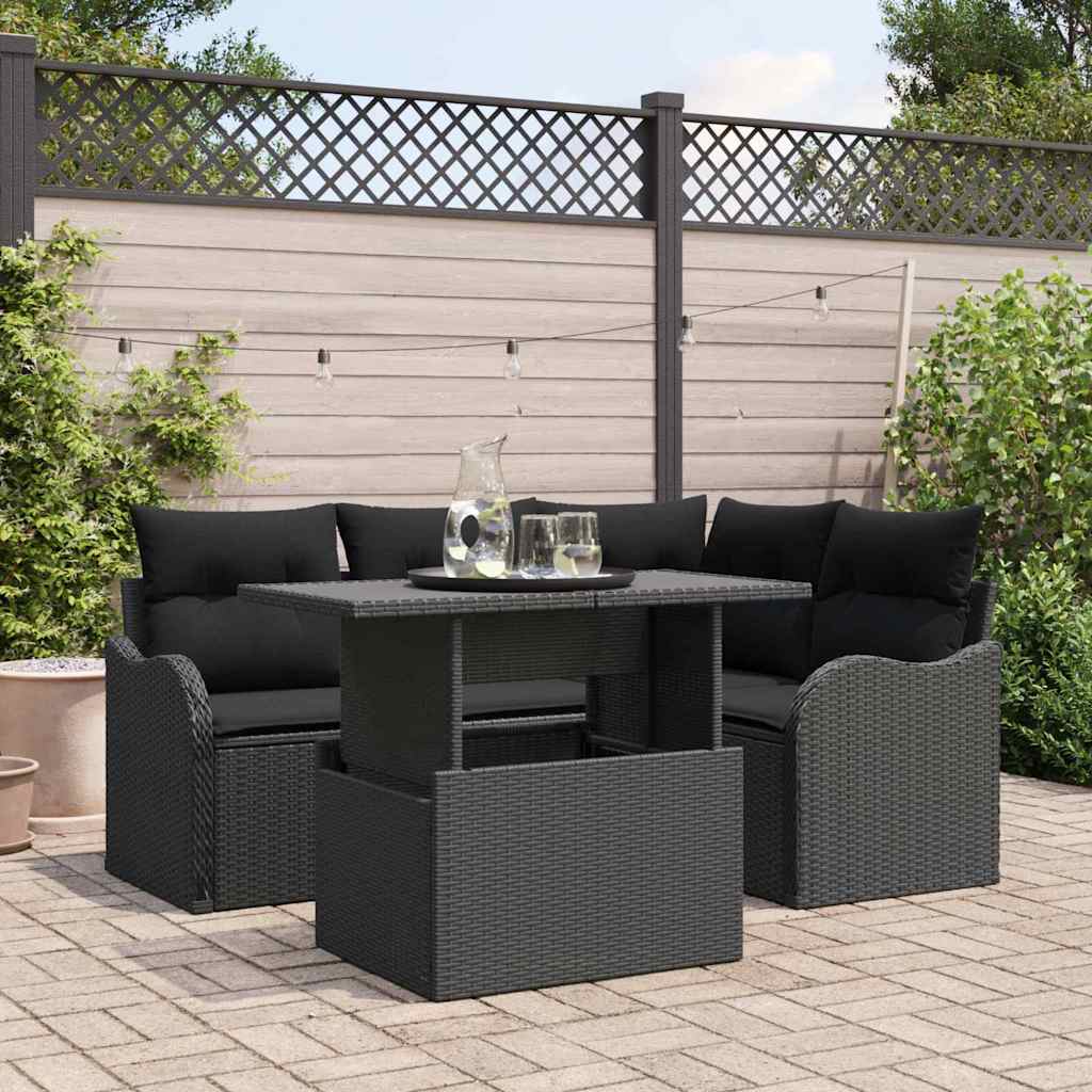 vidaXL Tuinbank Set met kussen met kussen 5 pcs Zwart Poly Riet