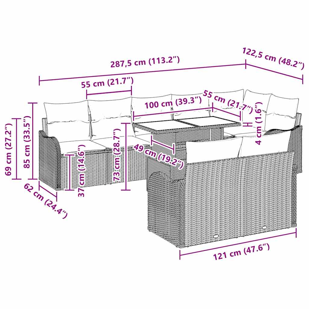 vidaXL Tuinbank Set met kussen met kussen 9 pcs Zwart Poly Riet