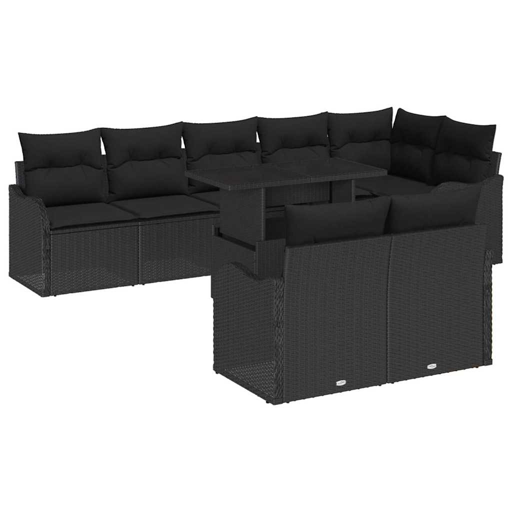vidaXL Tuinbank Set met kussen met kussen 9 pcs Zwart Poly Riet