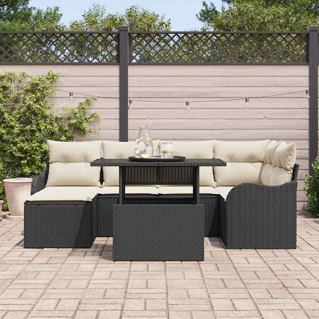 vidaXL Tuinbank Set met kussen met opslag 7 pcs Zwart Poly rattan
