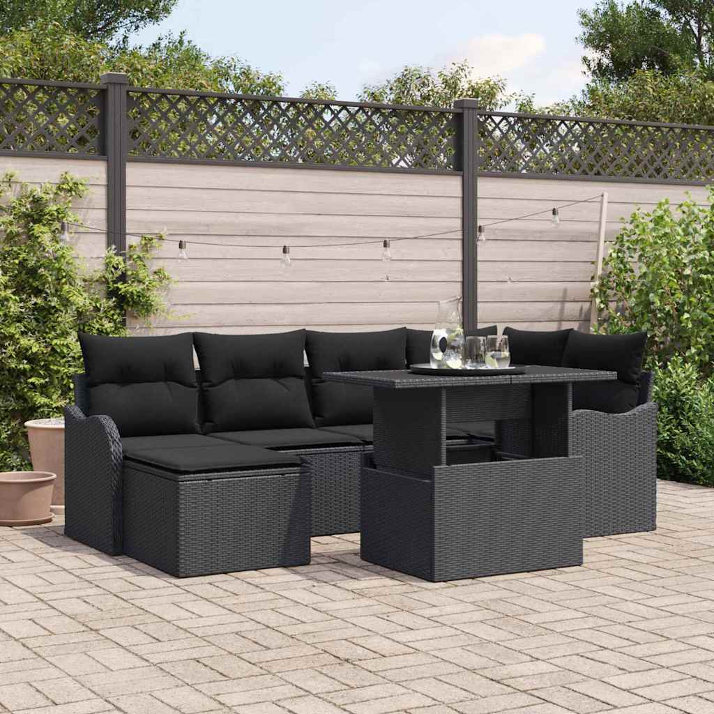 vidaXL Tuinbank Set met kussen met opslag 7 pcs Zwart Poly rattan